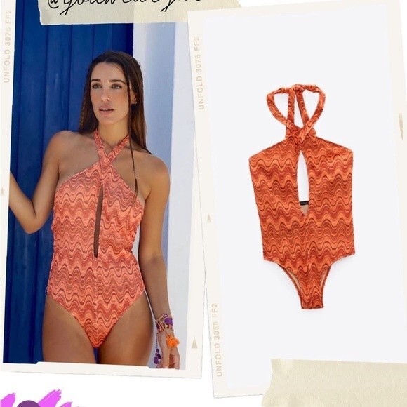 ZARA WAVY PRINT HALTER SWIMSUIT - Picture 1 of 7